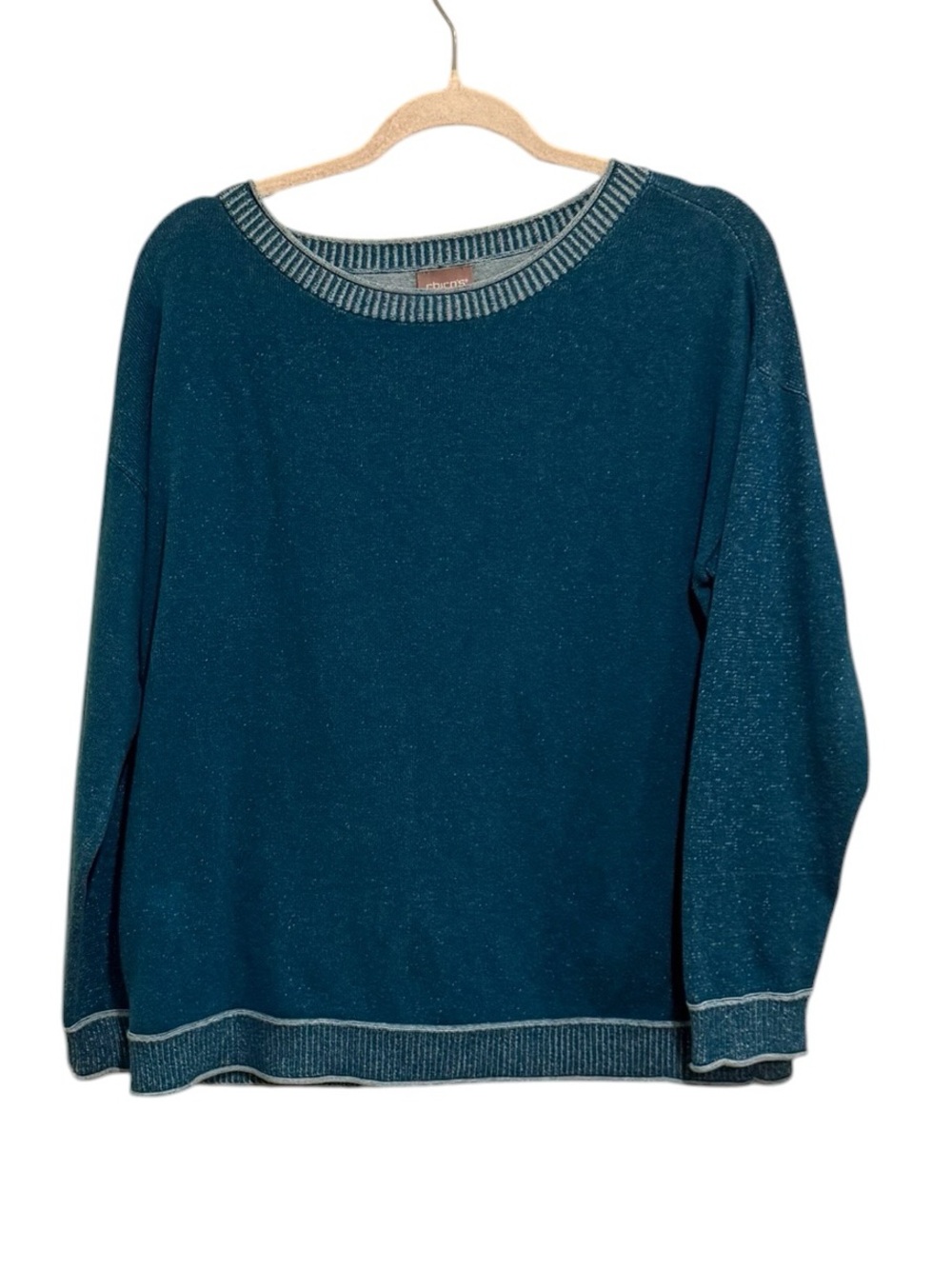Chico's Teal Crewneck Sweater with Subtle Metallic Stitching